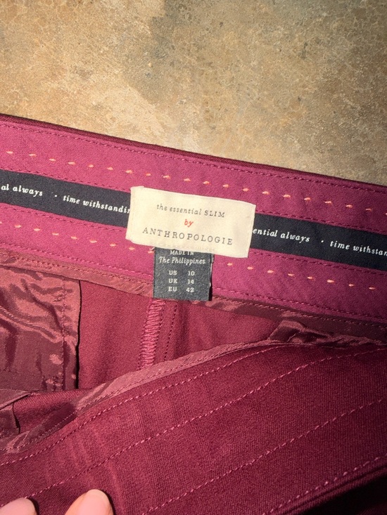 Anthropologie Burgundy Skinny Pants with Red Side Stripe - Size 10 - Picture 7 of 14